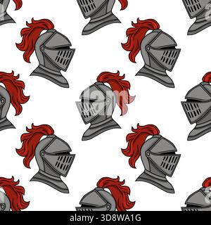 Un motivo vettoriale senza cuciture con caschi da cavaliere medievali con pennacchi rossi, rifiniti in uno stile grafico pulito su sfondo bianco. Illustrazione Vettoriale