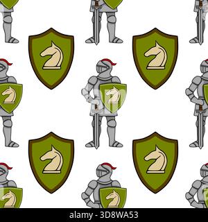 Motivo vettoriale senza cuciture con cavalieri medievali in armatura completa che regge scudi con un emblema del cavaliere degli scacchi, su uno sfondo bianco e pulito. Illustrazione Vettoriale