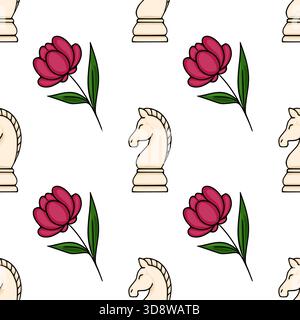 Motivo vettoriale senza cuciture con cavalieri scacchi color crema stilizzati e vivaci peonie magenta su sfondo bianco. Illustrazione Vettoriale