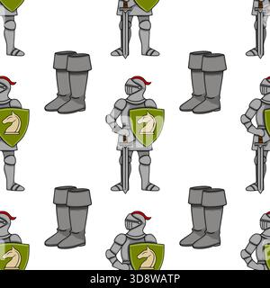 Motivo vettoriale senza cuciture con cavalieri medievali in armatura completa, spade e scudi con un emblema del cavaliere degli scacchi, insieme a coppie di bo corazzati Illustrazione Vettoriale