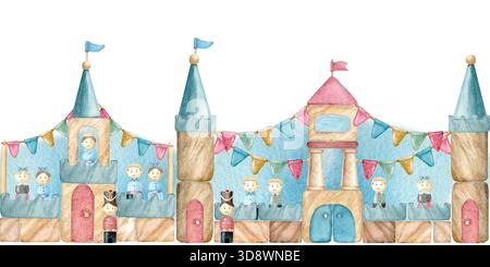 Una cornice orizzontale senza cuciture con una fortezza con bandiere, cittadini e una principessa, disegnata a mano in acquerello su uno sfondo isolato Foto Stock