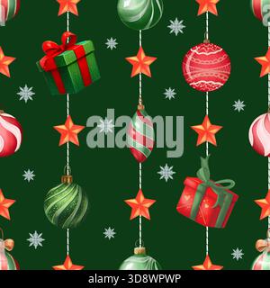 Motivo ad acquerello senza cuciture con decorazioni natalizie, stelle rosse, fiocchi di neve e confezioni regalo. Festosa e dipinta a mano in uno stile decorativo carino. Foto Stock