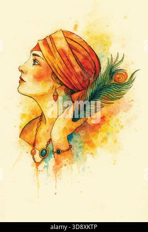 Ritratto ad acquerello di una ragazza gitana d'epoca di profilo, che indossa un velo colorato con una piuma di pavone e gioielli ornati, dipinto in un espresso Illustrazione Vettoriale