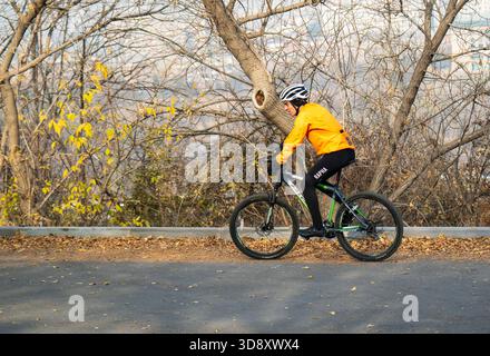 Erevan Armenia 11.25.2025. Un uomo con una giacca gialla sta andando in bicicletta lungo una strada. La moto è nera e ha un manubrio verde. Quell'uomo indossa una h Foto Stock
