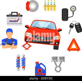 Concetto di assistenza e assistenza auto con icone piatte meccanico e strumenti per auto. Illustrazione vettoriale. Illustrazione Vettoriale