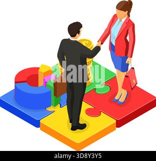 Business di handshake per l uomo e la donna dopo aver negoziato trattativa riuscita. startup partnership per raggiungere gli obiettivi. Il lavoro di squadra. puzzle infographics. B2B hero ima Illustrazione Vettoriale