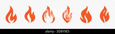 Set di 6 icone di fiamma arancioni isolate su sfondo trasparente. Simboli vettoriali di fuoco piatti per il calore, l'energia, il pericolo e il design grafico moderno Illustrazione Vettoriale