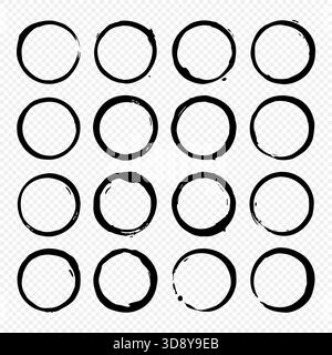 Set di 16 macchie di caffè nero grunge isolate su sfondo trasparente. Anelli di taratura per bevande circolari vettoriali per design e decorazione Illustrazione Vettoriale