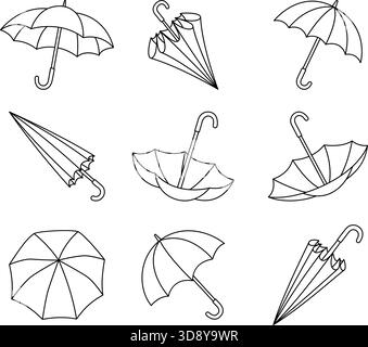 Set di ombrelli in bianco e nero, illustrazione vettoriale lineare di ombrelli aperti e piegati per colorare, motivi e decorazioni Illustrazione Vettoriale