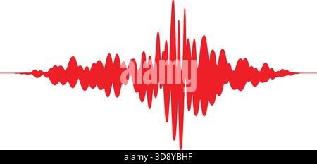 Una grafica a onda fluttuante di colore rosso vivo che rappresenta un'onda sonora, un motivo equalizzatore o un grafico sismico su sfondo bianco. Illustrazione Vettoriale
