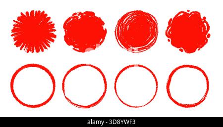 Set di marker circolari rossi. Struttura circolare con linee rosse a pennello e segni di inchiostro. I tratti di pennarello disegnati a mano creano schizzi dinamici e gocciolamento di carta. Illustrazione vettoriale Illustrazione Vettoriale