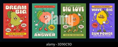 Poster dei personaggi hippie della frutta matura. Set vettoriale di personaggi retrò di pera, pesca, arancia e limone con volti sorridenti e sneakers vintage, che promuovono gioia, positività, selflove e buone vibrazioni Illustrazione Vettoriale