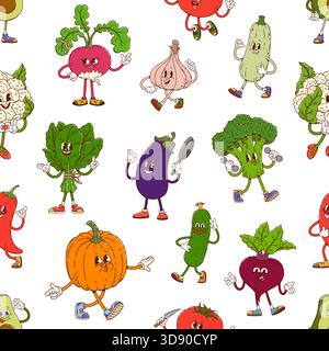 Fantasia di personaggi vegetali di cartoni animati divertenti verdure con volti, sfondo vettoriale senza cuciture. Fantasia vegetale di pomodoro funky con caratteri di spinaci, zucca, cavolfiore e broccoli Illustrazione Vettoriale