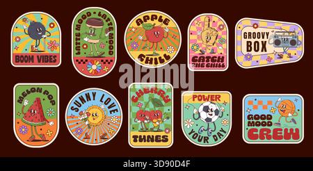 Etichette adesive vintage e patch Y2K con caratteri hippie, set vettoriale. Etichette adesive con tazza di caffè funky e pollice in su, pallina da calcio o da basket con un sorriso sul viso per patch Y2K Illustrazione Vettoriale