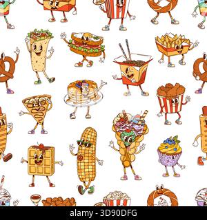 I fast food sono caratterizzati da un motivo senza cuciture. Sfondo con piastrelle vettoriali con tacos antropomorfi, waffle, spaghetti, gelati, pancake, panini, patatine fritte e cartoni animati y2k ballano con gioia Illustrazione Vettoriale