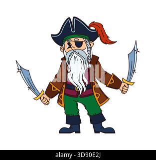Vecchio cartoni animati corsaro barbato, personaggio divertente. Personaggio da caccia marinaio Corsair, mascotte vettore di bandito filibuster. Capitano pirata personaggio divertente con lunga barba grigia, cerotto per gli occhi e due spade Illustrazione Vettoriale