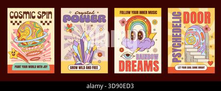 Personaggi hippie d'epoca, poster funky con design psichedelico, vettore di cartoni animati retrò. Poster con emoji e cristalli arcobaleno, virgolette hippie e margherite o personaggi degli occhi nella nuvola Illustrazione Vettoriale