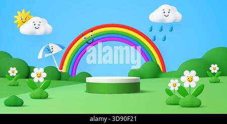 piattaforma vettoriale per bambini 3d verde sul palco su un prato con fiori a margherita e arcobaleno, sole giallo, ombrello e simpatici personaggi nuvolosi. Podio promozionale prodotti per bambini Illustrazione Vettoriale