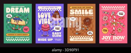 Caramelle divertenti e dolci da forno poster con citazioni motivazionali. Giocosa tipografia retrò y2k e torta danzante, cupcake, biscotti, ecc. Illustrazione Vettoriale
