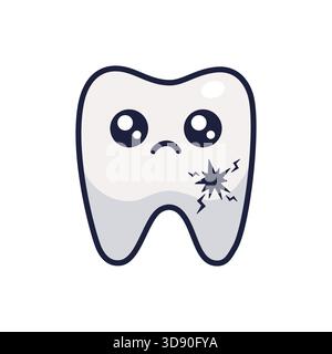 Dente triste con una cavità. Kawaii Tooth Icon for Children Dental Clinic. Concetto di igiene dentale. Vettore Illustrazione Vettoriale