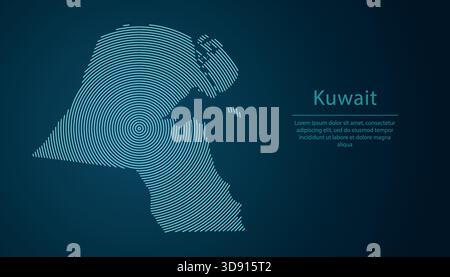 Mappa di contorno del Kuwait riempita con cerchi concentrici su sfondo scuro Illustrazione Vettoriale