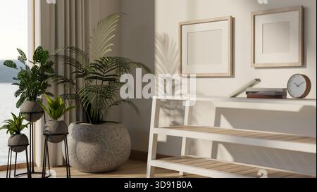 Soggiorno con piante in vaso di pietra e scaffale su pavimento in legno davanti a una parete con cornice vuota appesa. rendering 3d, illustrazione 3d. Foto Stock