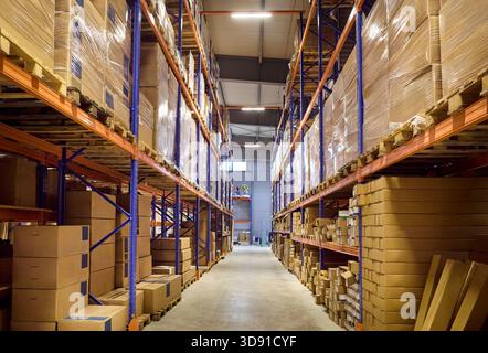 Scaffali alti con pallet e scatole imballati in corridoi di grandi magazzini di distribuzione Foto Stock