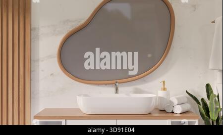 Specchio di forma irregolare appeso su pareti di marmo lucido sopra un lavandino in ceramica bianca con asciugamani in un bagno di classe. Rendering 3D, illustrazione 3D. Foto Stock