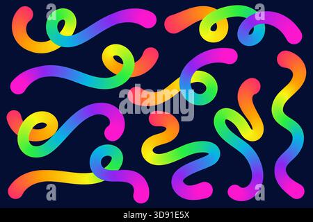 Linee sfumatura colore. Forme ondulate astratte. Elementi a spirale arcobaleno curvi vettoriali su sfondo scuro. Movimenti di gradazione fluido dinamico per Illustrazione Vettoriale
