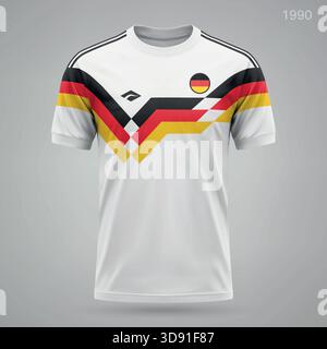 Leggendaria maglia da calcio della Germania del 1990 con audace grafica a chevron nera, rossa e dorata sul petto. Illustrazione Vettoriale