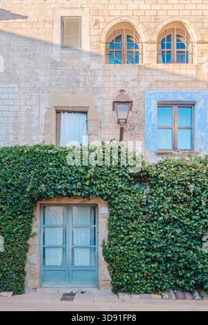 Vista frontale della facciata di una casa coperta di edera verde, caratterizzata da una porta e finestra blu, pareti in pietra e una lanterna antica Foto Stock