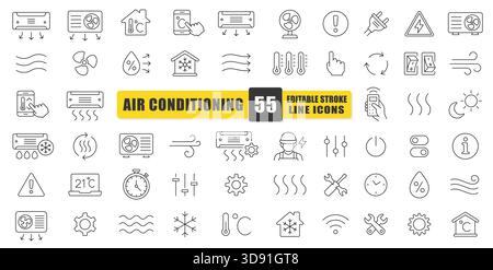 Set di icone della tubazione dell'aria condizionata. 55 simboli chiari e moderni per le funzioni di raffreddamento, riscaldamento, ventilazione, controllo della temperatura e Smart Home. Illustrazione Vettoriale