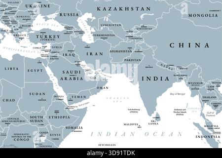 Asia occidentale e Asia meridionale, mappa politica grigia con paesi, confini internazionali e capitali. Foto Stock