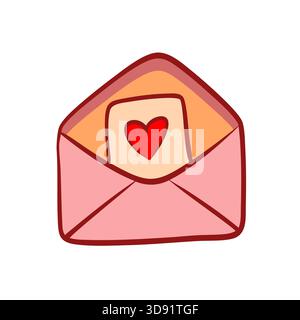 Una lettera rosa carina. Aprire la busta con un cartoncino a forma di cuore. Illustrazione piatta. Illustrazione Vettoriale