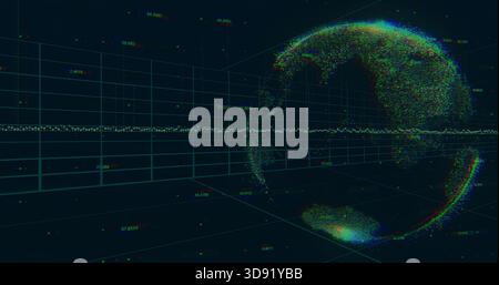 Visualizzazione di un globo di nuvole di punti multicolore denso che si sposta nella griglia 3D, con etichette numeriche e spazio di copia Foto Stock