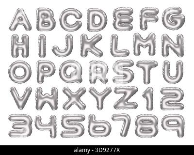 Set completo di lettere e numeri alfabetici con rendering 3D in un moderno stile palloncino in argento e cromo. Elemento grafico vettoriale ideale per matrimoni e feste Illustrazione Vettoriale