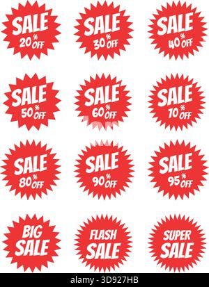 Set di icone vettoriali etichetta sconto di vendita rossa, prezzo offerta Flash grande vendita Tag icone vettoriali Illustrazione Vettoriale