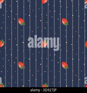 Delicato motivo ad acquerello senza cuciture con fragole mature su uno sfondo di strisce verticali e punti. Ideale per tessuti e imballaggi Foto Stock