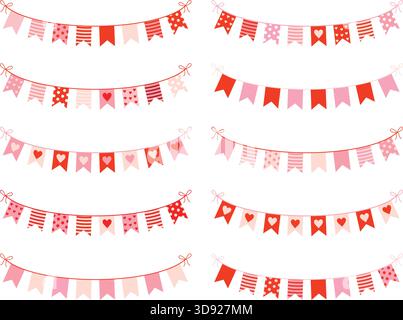 Simpatici buntings con cuori, puntini e strisce nei colori rosa e rosso per San Valentino, inviti e biglietti d'auguri Illustrazione Vettoriale