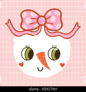 Simpatico viso vettoriale da pupazzo di neve con fiocco rosa e naso di carota, stravagante volto da pupazzo di neve Illustrazione Vettoriale