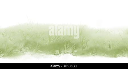 Un prato o un prato con erba e cespugli. Illustrazione acquerello. Vegetazione lussureggiante sul bordo senza cuciture, isolata su sfondo bianco. Temi per gli spri Foto Stock