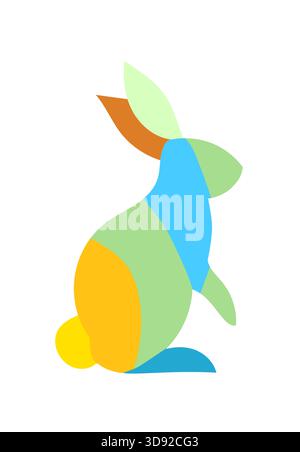 Illustrazione geometrica colorata di coniglio seduta su un profilo composto da forme astratte piatte. Illustrazione Vettoriale