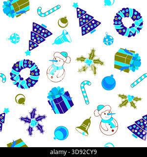 Sfondo natalizio senza cuciture su carta da riso con fiocco di neve, campana, albero, corona, illustrazione vettoriale Illustrazione Vettoriale