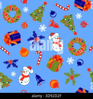 Sfondo natalizio senza cuciture su carta da riso con fiocco di neve, campana, albero, corona, illustrazione vettoriale Illustrazione Vettoriale