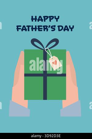 Mani con in mano una confezione regalo verde con nastro blu e cartellino per il cuore sotto il testo Happy Fathers Day. Illustrazione Vettoriale