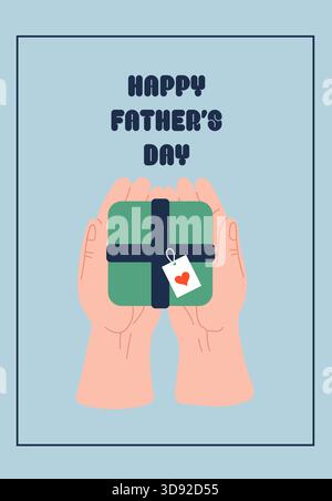 Due mani aperte che tengono in mano una scatola regalo quadrata verde con una targhetta a forma di cuore su sfondo azzurro. Illustrazione Vettoriale