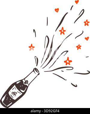 Bottiglia di champagne con apertura a forma di pastello disegnata a mano. Stravagante carboncino che sprigiona champaign. Felice anno nuovo e buon Natale celebrazione star Illustrazione Vettoriale