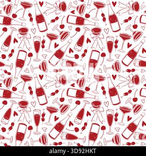 Motivo senza cuciture disegnato a mano con elementi per feste di Capodanno come bottiglia di champagne e bicchiere, archi e cuori Illustrazione Vettoriale
