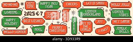 Serie di fumetti natalizi con grafica pixel. Nuvole di testo rosse e verdi con picchi innevati e frasi natalizie. Illustrazione Vettoriale
