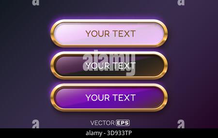 Set di tre pulsanti luminosi realistici con cornici dorate. Perfetto per i moderni elementi Web o banner. Illustrazione vettoriale Illustrazione Vettoriale